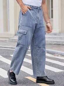 Manfinity VCAY Pantalones vaqueros cargo de pierna ancha con bolsa de solapa para hombres