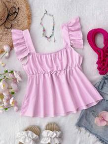 SHEIN Cute Pink Striped Peplum Blouse With Flounce Sleeves And Square Neckline For Teen Girls Pink Babydoll Top Babydoll Top Girls Babydoll Top Summer Babydoll Top Ruffle Sleeve Babydoll Top - Pink - View 2