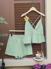 Comfortcana 女士夏季休闲梭织蓝色背心和短裤度假套装 - 綠色 - 查看 5