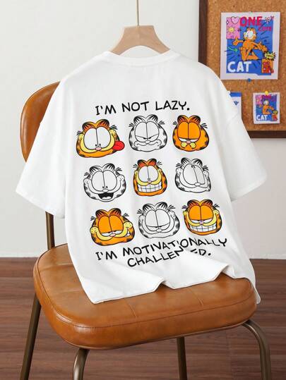 GARFIELD | SHEIN 青少年男孩休闲夏季清凉格纹宽松落肩短袖T恤