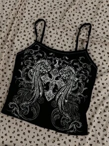 Attitoon 3pcs/Set Women Plus Size Punk Cross & Wing Print Camisole And Tank Top, Suitable For Summer Halloween,Fall Clothes For Women Punk Crop Tops Gothic Crop Tops - Black - View 5