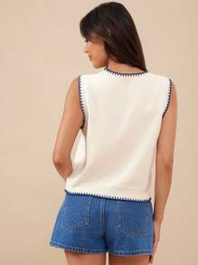 WESTFADE Round Neck Multi Stitch Lobster Intarsia Sweater Vest Fall Autumn Winter - Beige - View 2