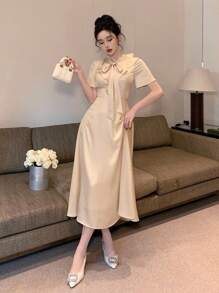 DAZY 1 chiếc váy dài vừa phải màu trơn có nơ và viền bèo nhún dành cho nữ, phong cách thanh lịch cho đầm dạ hội mùa hè - Màu be - Xem 7