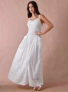 Enchnt Robe maxi femme blanche à dentelle romantique, taille plissée avec poches, pour l'été et l'automne