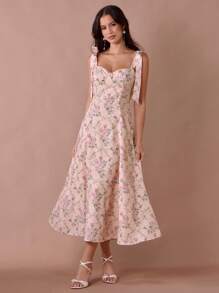 Enchnt Váy dài công chúa in họa tiết hoa cẩm tú cầu màu hồng pastel lãng mạn dành cho nữ mùa hè, cổ thắt nơ, dây đeo vai - Nhiều màu - Xem 3