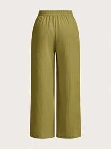 SHEIN Essnce Plus Women's Summer Vacation Business Casual Woman Office New Style Fashion Casual Commuting Vacation Light Breathable Comfortable 3 Pieces Loose Wide-Leg Pants, Seaside Pants - Khaki - View 5