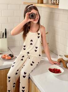 SHEIN طقم بيجامة مكون من كامسول محبوك بشكل قلب وبنطال للبنات