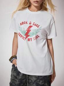 NEARLY THERE Maglietta casual oversize con stampa vintage ispirata al punk, grunge e rock and roll, adatta per l'autunno e l'inverno e i festival musicali. Magliette oversize con grafica, magliette larghe da donna, magliette oversize, magliette da donna stile band, maglietta rock and roll, stile Y2K anni 2000, top carino, di ritorno a scuola, club, sexy per donne - Bianco - Visualizzare 5