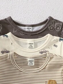 6pcs/Set Newborn Baby Boys Casual Striped Truck Print Long Sleeve Top And Pants Soft Pajamas Set Fall Winter - Multicolor - View 3