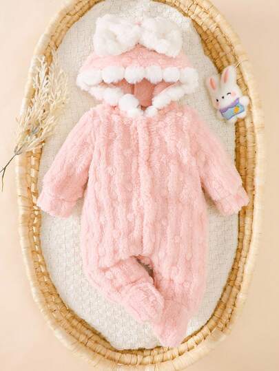 SHEIN 新生女宝宝粉色拼接白珊瑚绒提花连帽蝴蝶结长袖连体衣可爱简约舒适贴身新款