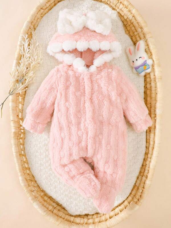 SHEIN 新生女宝宝粉色拼接白珊瑚绒提花连帽蝴蝶结长袖连体衣可爱简约舒适贴身新款