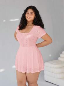 Solflare 大码女士海滩度假装，纯色短袖休闲连体裤，日常穿着，春夏装 - 粉色 - 查看 4