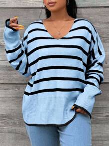 EURMUSE Plus Size Women's Striped Drop Shoulder Long Sleeve Casual Loose Pullover Sweater - Baby Blue - View 4