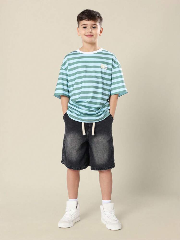 Striped T-Shirt With Basketball Logo And Crew Neck