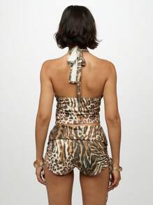 SUMWON WOMEN Leopard Print Mixed Animal Pattern Halter Neck Crop Top Summer Resort Beachwear Festival Fashion Animal Print Tie Back Party Club Wear,Off The Shoulder Top