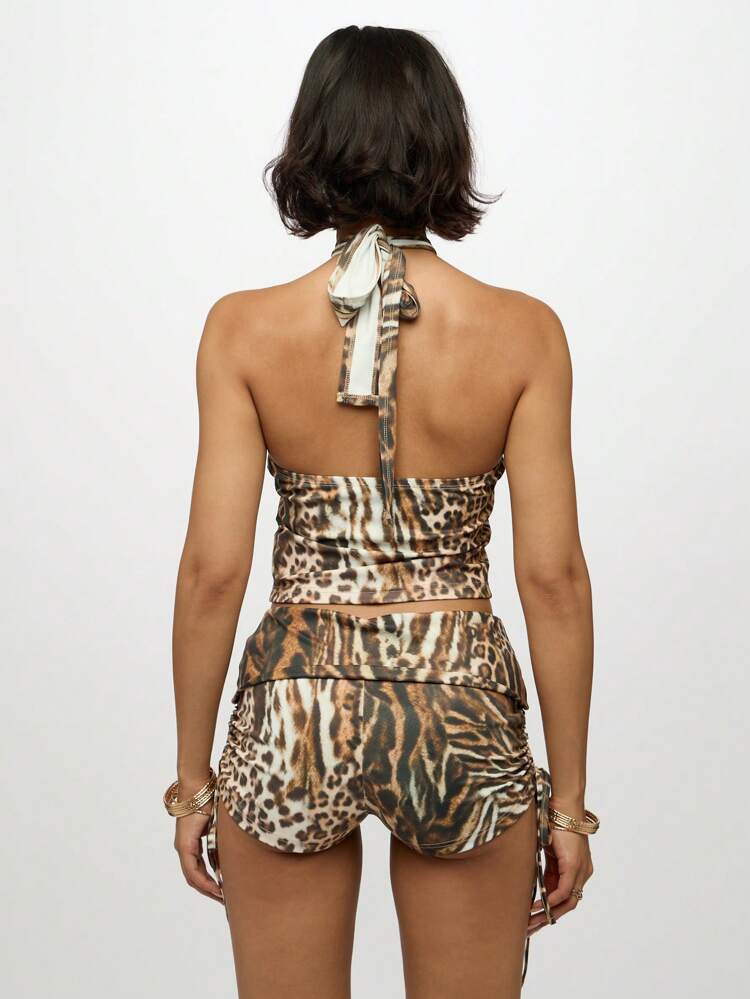 SUMWON WOMEN Mixed Animal Print Halter Crop Top With Tie Back