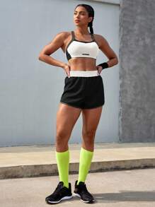 Powerista Conjunto deportivo de top corto de tirantes con estampado de letras y contraste de color, y shorts para mujer