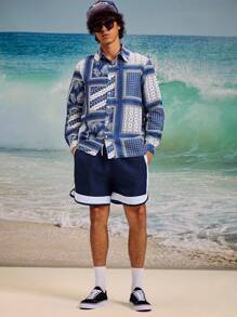 Surfspeed Men Patchwork Print Shirt & Shorts Beach Outfit Set - Black and White - View 3