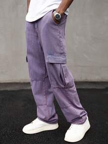 Manfinity EMRG Celana Jeans Denim Longgar Ungu Pria Gaya Streetwear Cargo dengan Finishing Washed. Panjang dan Nyaman untuk Tampilan Kasual Avant-Garde. - Purple - View 5
