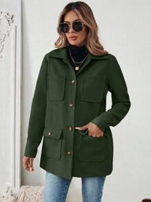 SHEIN PariChic 休闲时尚百搭简约日常纯色口袋纽扣前襟女式外套，适合春秋冬季穿着。 - 軍綠色 - 查看 6