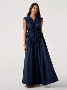 SHEIN Tall 2pcs/Set Women Navy Comfort Vacation Casual Commute Drawstring Top & Ruched Skirt Set - Navy Blue - View 8