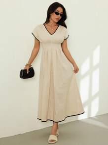 SHEIN PETITE Women's V-Neck Flutter Sleeve Pleated Dress, Summer - Beige - View 7
