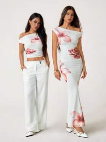 SHEIN Tall Women's Floral Print Elegant Asymmetrical Neck Ruched Vacation Bodycon Dress White Dress - White - View 2