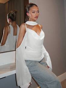 Glamine 2025 Elegante blusa de gasa sin mangas de unicolor con tirantes, ropa de otoño para mujeres, de vuelta a la escuela - Blanco - Ver 3