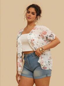 SHEIN VCAY Kimono de manga de murciélago con estampado floral para talla grande, de verano - Blanco - Ver 6