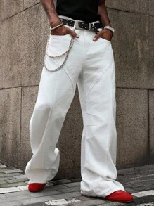 PAVTROS Manfinity Streetrush White Pleated Wide Leg Relaxed Fit Deconstructed Asymmetric Hem Jeans - White - View 4
