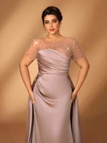 SHEIN Belle Plus Size Elegant And Gorgeous Champagne Color Hot Diamond Craft Stitching Computer Beading Round Neck Short Sleeve Pleated Slim Fishtail Hem Stitching Dress Suitable For Dinner Dance Bachelorette Party Date Holiday Wedding Event Evening Dress Bride Mother Dress Wedding Guest Dress Women