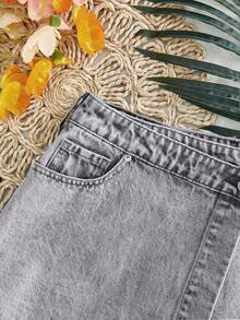 GlowEve 女士休闲性感街头风格交叉腰短款牛仔迷你裙，夏季 - 淺灰色 - 查看 5