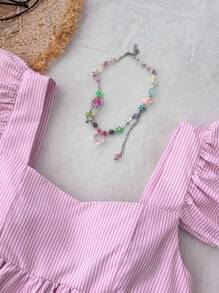 SHEIN Cute Pink Striped Peplum Blouse With Flounce Sleeves And Square Neckline For Teen Girls Pink Babydoll Top Babydoll Top Girls Babydoll Top Summer Babydoll Top Ruffle Sleeve Babydoll Top - Pink - View 3