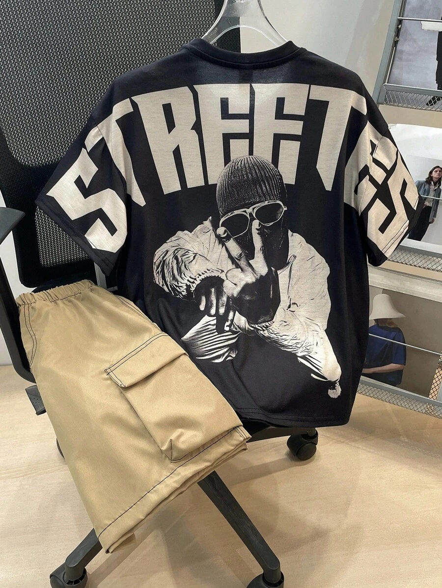 SHEIN 2pcs Tween Boy Loose Fit Portrait Graphic Round Neck T-Shirt And Contrast Trim Cargo Shorts Set, Comfortable Casual Suitable For Summer Vacation, Hanging Out, School, Fashion Street Style , Streetwear, Graphic Tee, Hip Hop Tee