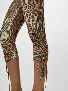 SUMWON WOMEN 混合动物印花折叠七分紧身裤，带有褶皱侧边细节，可调节抽绳侧边收褶，适合派对俱乐部夜间外出时尚单品秋冬系列 - 彩色 - 查看 7