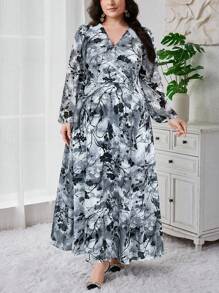 Modelyn 大码女式花卉印花 V 领透明灯笼袖优雅连衣裙长款晚礼服 - 藍色 - 查看 3