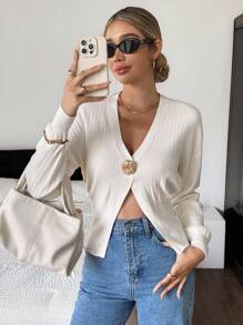 SHEIN Frenchy 女士纯色白色金色纽扣开衫，秋季针织毛衣短款开衫前开衫深 V 领开衫女士开衫单扣开衫罗纹开衫，休闲日常穿着 - 杏色 - 查看 1