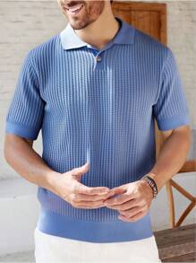 Manfinity Homme 男士休闲百搭纯色短袖针织毛衣 - 藍色 - 查看 1
