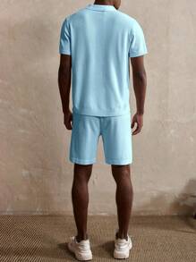 Manfinity Homme Men 2pcs Solid Color Short Sleeve Top And Pocket Shorts Knitwear Set - Blue - View 2