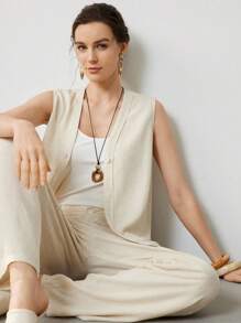 Uhlyne Bộ 2 món đồ thiết kế thanh lịch, đơn giản, màu trơn, thoải mái, phong cách đi làm cho nữ - Màu be - Xem 8