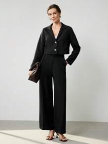 Uhlyne Women's Solid Color Short Jacket With Lining, Versatile For Autumn,Autumn,Minimalist,Business Casual,Holiday Outfits,Work Wear,Teacher Outfits,Back To School,Fall,Old Money Style - Black - View 4