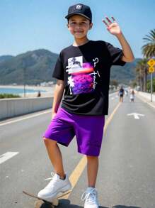 2 件套青少年男童休闲椰子树图案编织短裤套装，T 恤和短裤，适合度假穿着 - 彩色 - 查看 1