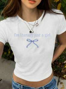 Camiseta de manga corta con lazo y patrón de letras para niña adolescente, diseño lindo, adecuada para primavera y verano