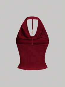 SHEIN PETITE Top aderente corto, da donna, con scollo a drappo, arricciato, allacciato al collo, senza schienale, abbigliamento da strada, estivo