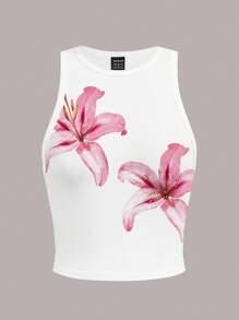 SHEIN EZwear 休闲简约百合花卉印花圆领修身女式背心，适合夏季、度假风格海滩、音乐节 - 彩色 - 查看 3