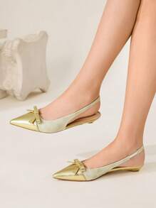 CUCCOO CHICEST Women's Classic Floral Scarf Print Pointed Toe Flat Shoes, Color Block Bow Decor Elegant Flat Sandals, Suitable For Work, Dates, Afternoon Tea, Versatile - Gold - View 4