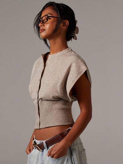 Athîral Women's Casual Minimalist Button-Front Batwing Sleeve Knit Sweater Vest, Everyday Wear,Four Seasons,Fall Tops,Business Casual Women Going Out Tops Women,Tops For School