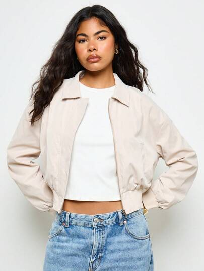 AiiRZ Lightweight Cropped Bomber Jacket Classic Zip Up Stand Collar All Season Modern Minimalist Style Long Sleeve Elastic Ribbed Hem Casual Contemporary Daily Wear Fashion Essential