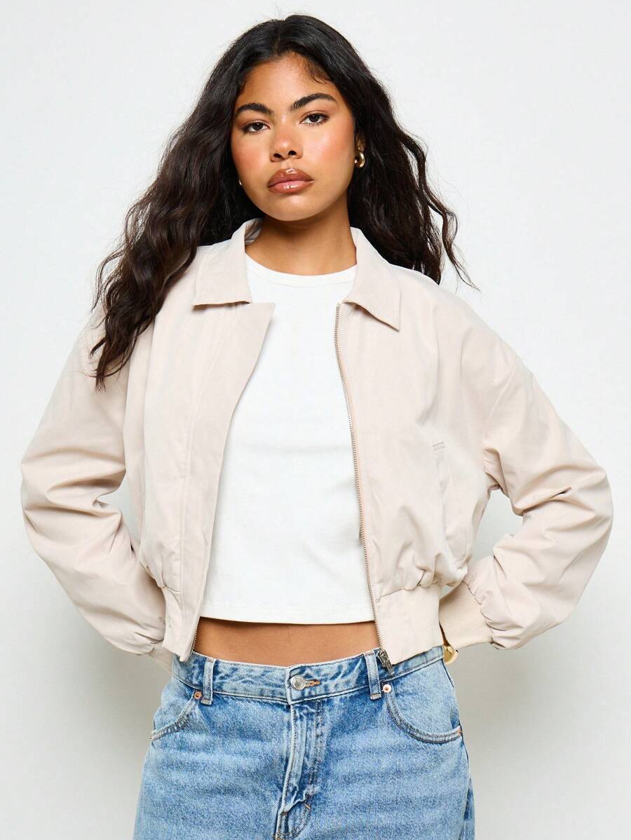 AiiRZ Lightweight Cropped Bomber Jacket Classic Zip Up Stand Collar All Season Modern Minimalist Style Long Sleeve Elastic Ribbed Hem Casual Contemporary Daily Wear Fashion Essential