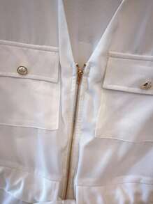 Franclia Áo sơ mi nữ cổ chữ V màu trơn có dây rút khóa kéo, mùa hè - trắng - Xem 6